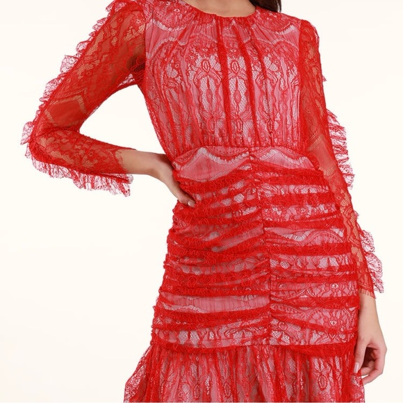 Elliatt Rose Red Ruched Lace Long Sleeve Mini Dress Size M Party Cocktail - Picture 2 of 13